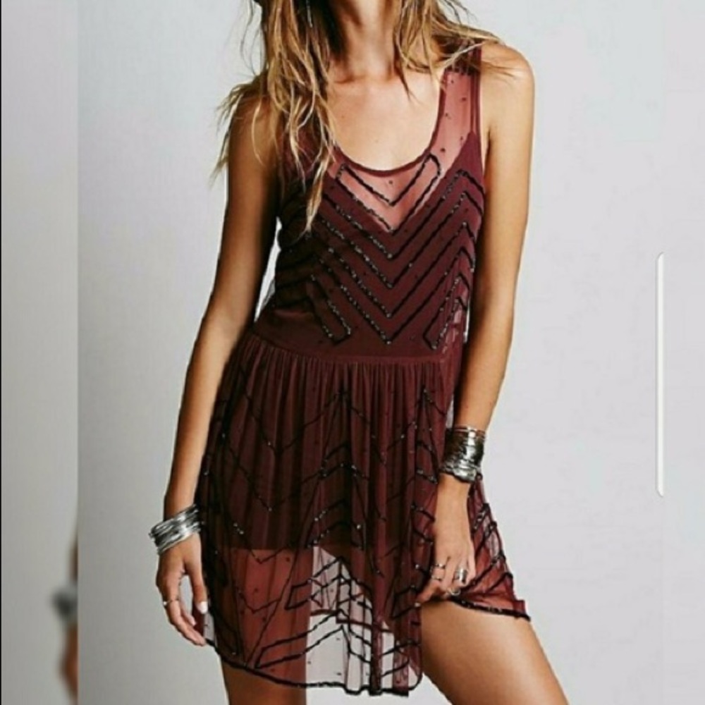 FREE PEOPLE BEADED MESH DRESS WITH SLIP